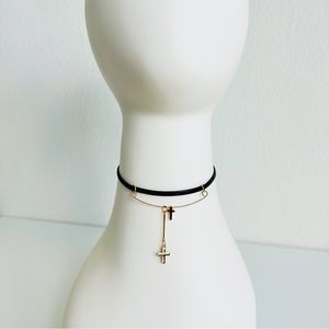 Black Leather Gold Bar Double Cross Slider Minimalist Choker Necklace